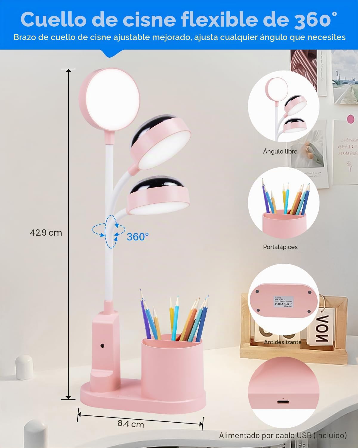 TechKen Lámpara de Escritorio para Niños, Lámpara de Noche LED Regulable Flexo LED para Lectura con Portalápices Lámpara de Mesa de Estudio Cuello de Cisne con Ces Proyección de Estrella | Regulable Niveles de brillo, lámpara recargable de cuello de cisne