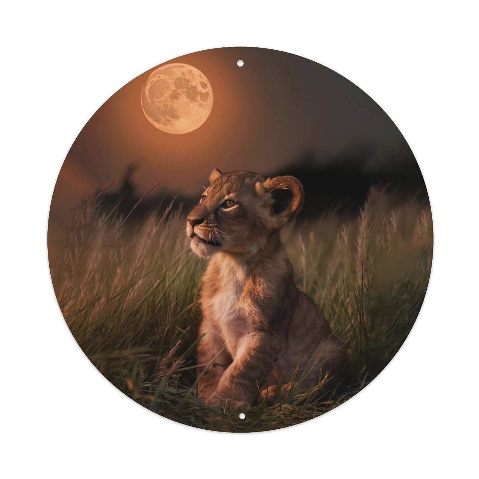 Cwbufd Vintage Style Animal African Lion Cub Under Full Moon Night Wildlife Photography Vintage Metal Tin Sign Plaque Wall Decor For Cafe, Club Bar, Office, Garden Metal Poster 8X8inch