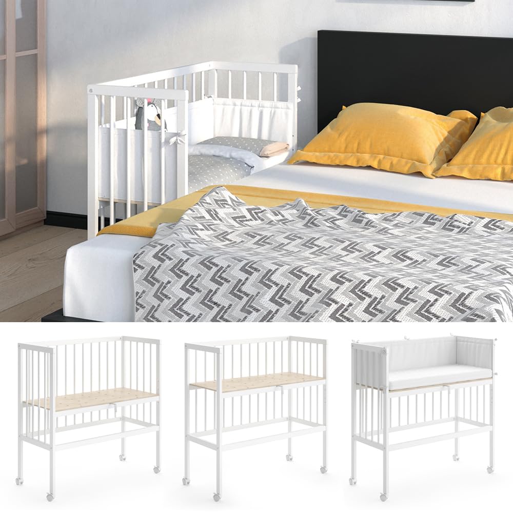 VitaliSpa Lettino da attaccare al letto Sophie, Bianco, 94 x 42.5 cm 1 binario laterale, regolabile in altezza con ruote per un facile posizionamento