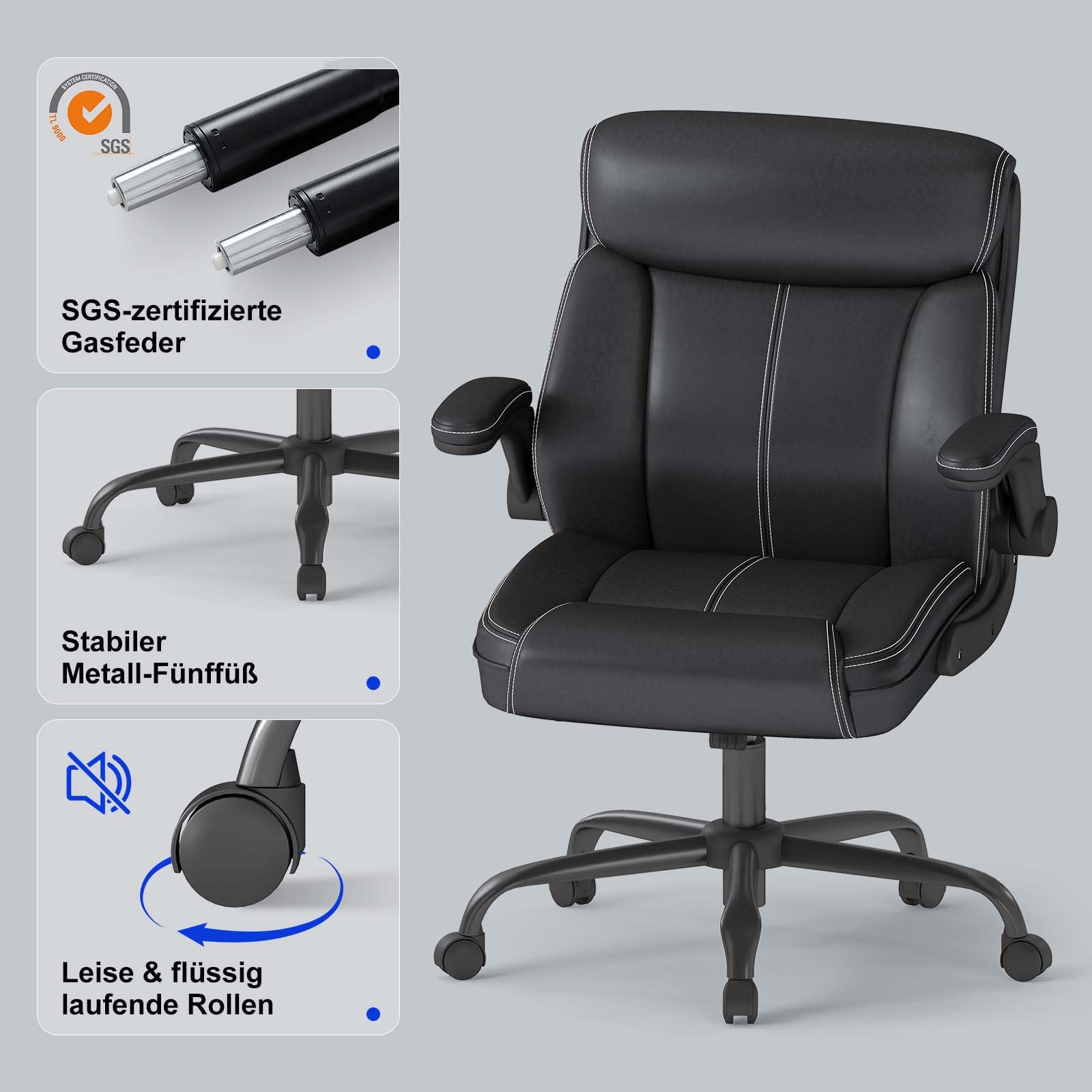 AnyGod Ergonomischer Bürostuhl, Chefsessel aus Kunstleder mit Hochklappbaren Armlehnen, Drehstuhl Schreibtischstuhl Höhenverstellbar, Belastbar bis 136 kg, für Homeoffice und Büro