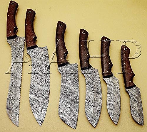 AAHP - 100 , 13, 12, 10, 9, 8, 7 Inches Chef Knife set with approx 8.5, 7.5, 5.75, 5, 4, 3 inch blades made of 100% Real Damascus Steel, and handle made up of Brown Micarta with Brass Pins & Pipe