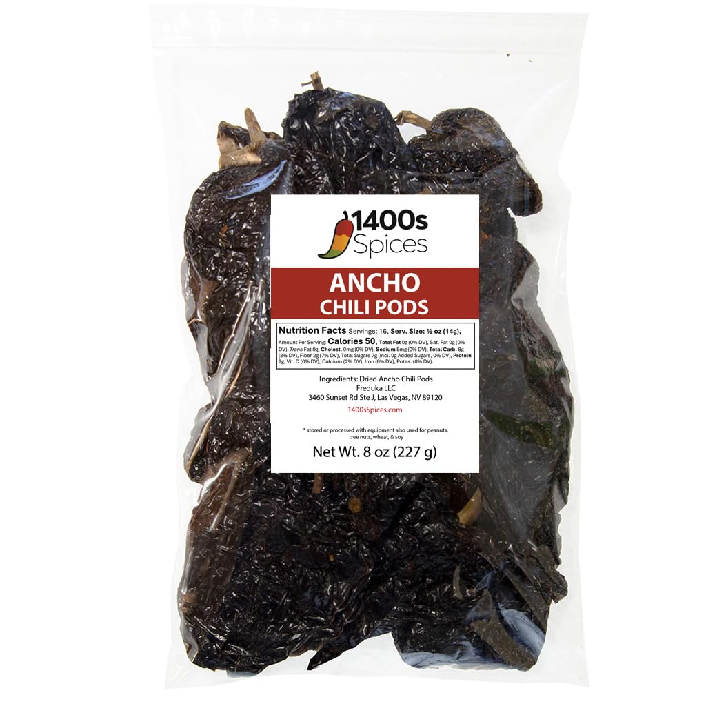 8oz Ancho Dried Whole Chile Peppers, Chili Seco Pods for Authentic Mexican Food, Heat-Sealed Resealable Bag by 1400s Spices