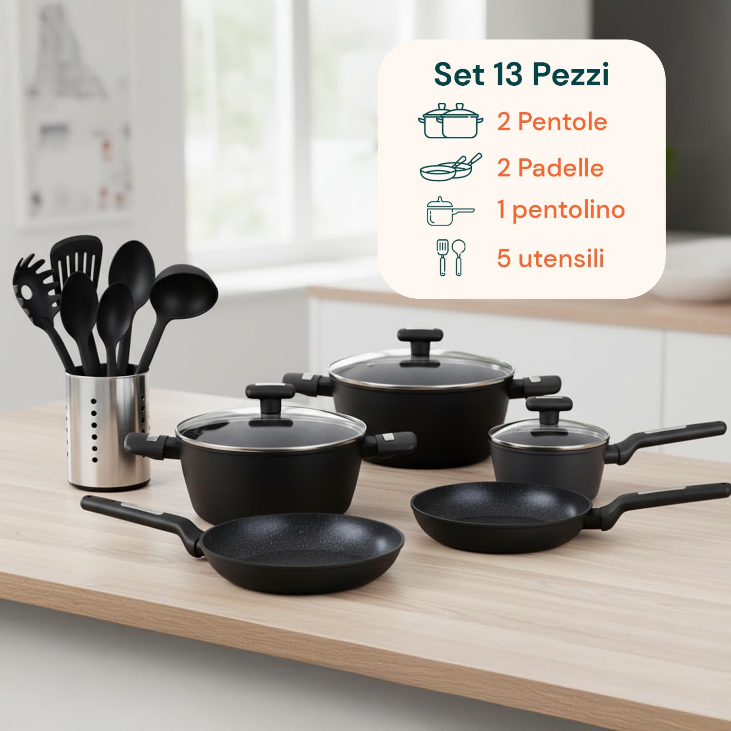 Wintem - Batteria Pentole e Padelle 13 Pezzi Antiaderenti nere per Cucina Moderna e Tradizionale Compatibile con Piano a Induzione, Rivestimento in Alluminio, Coperchi in Vetro e Manici Ergonomici