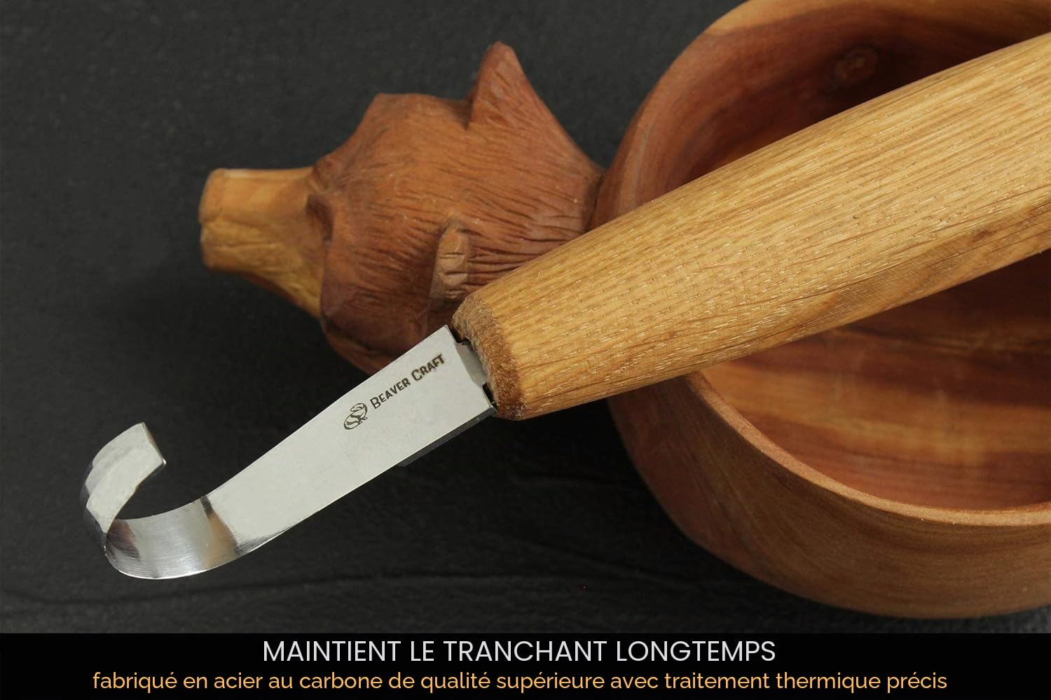 BeaverCraft Couteau à crochet pour sculpture de cuillères SK5 5cm aiguisage double face Couteau à sculpter le bois incurvé pour sculpter des cuillères, bols, tasses de travers