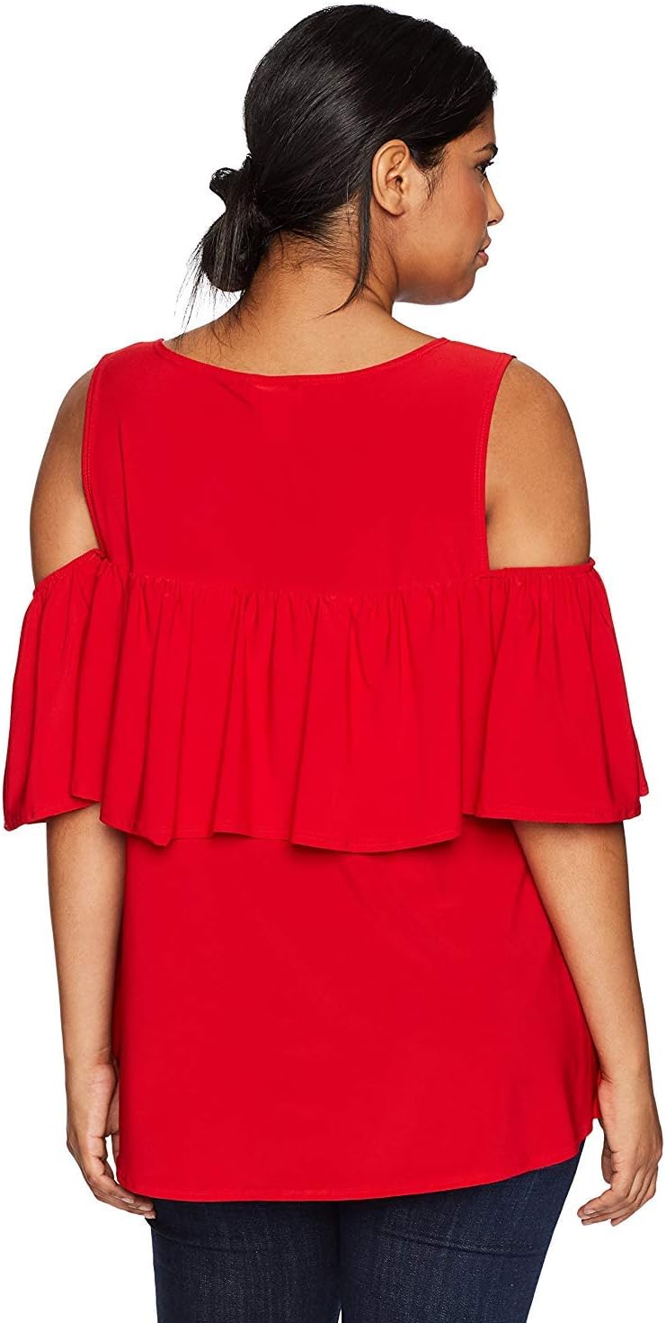 Star Vixen Women's Plus-Size Off/Cold Shoulder Dramatic Ruffle Peasant Top