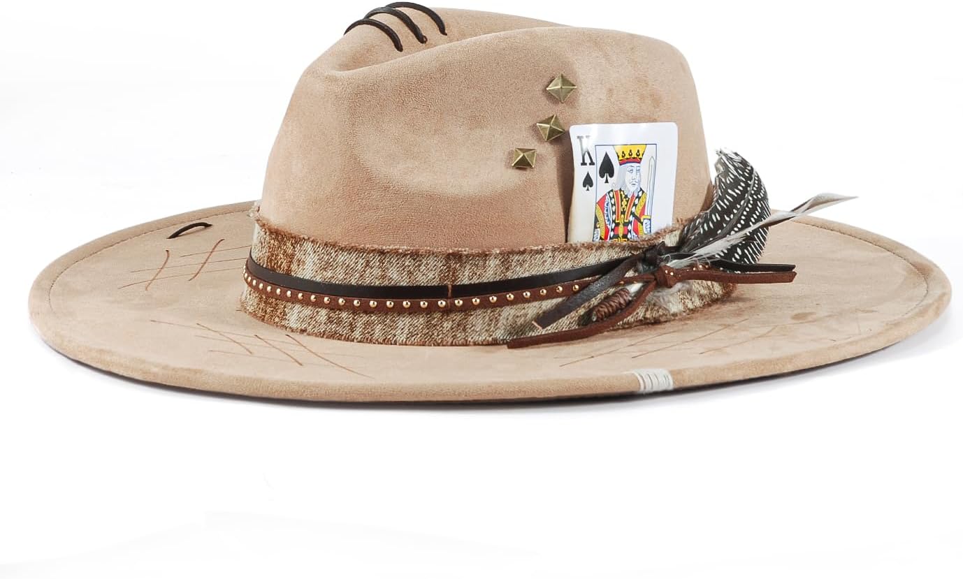 Wide Brim Fedora Hat for Men Women Handmade Felt Boho Western Dress Hats M-L