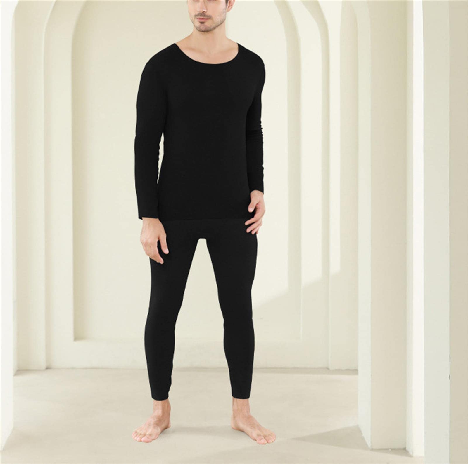 Set di Biancheria Intima Termica da Uomo Girocollo Manica Lunga Strato di Base Top Bottom Camicia Autunno Inverno Abbigliamento e Pantaloni Set di Pantaloni (Black Medium)
