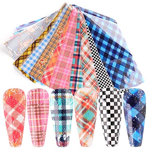 Retro Holographic Nail Foil Transfer Stickers,Buffalo Plaid Foil Transfers Decal Nail Art Supplies Lattice Starry Foil Adhesive Decals Colorful Design for Women Manicure Tips Wraps Decorations 10pcs