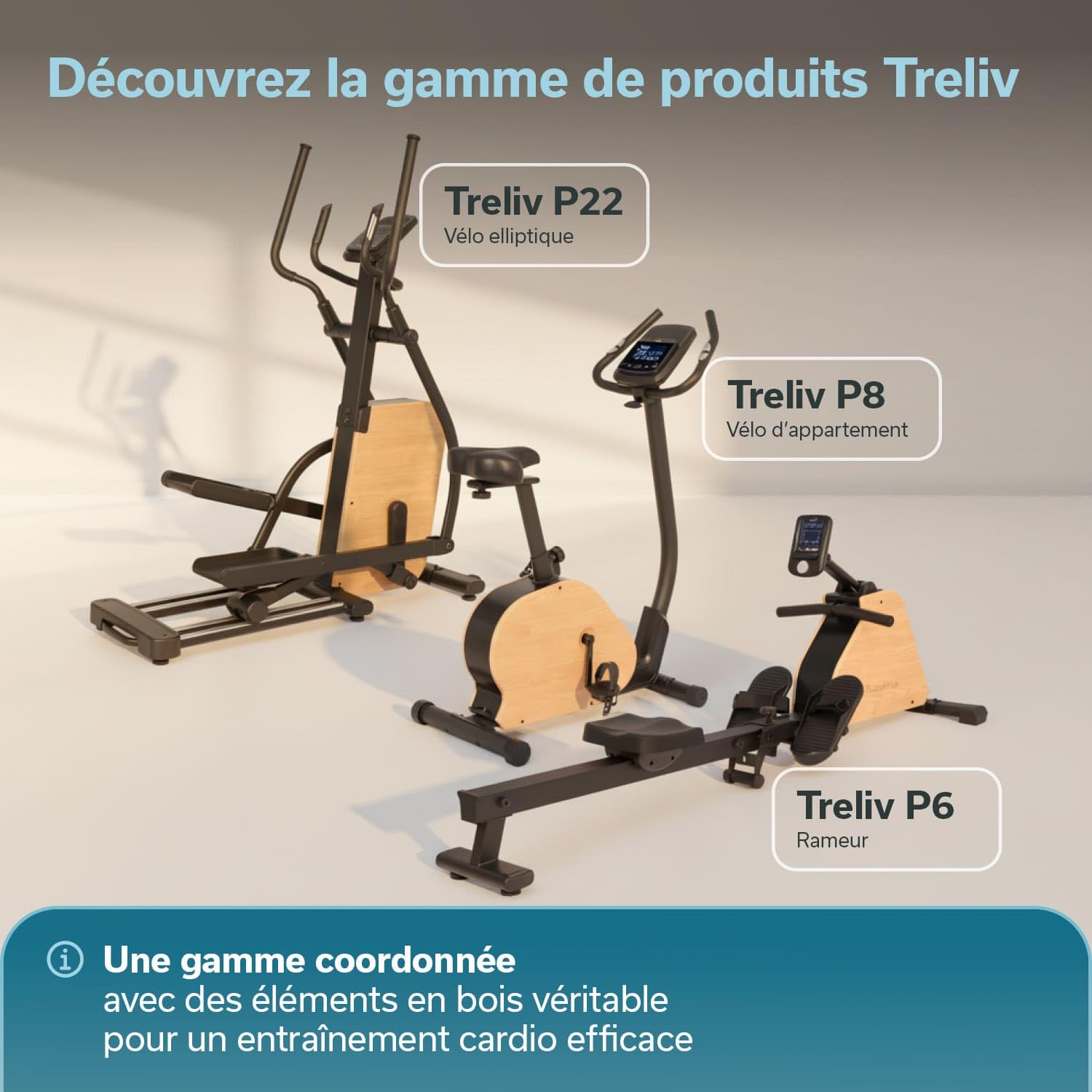 Skandika Vélo d'appartement Treliv P8 | Ergomètre en fer et bois, frein magnétique à 32 niveaux, écran LED, 22 programmes, selle et guidon réglables, compatible avec Kinomap, max 120 KG