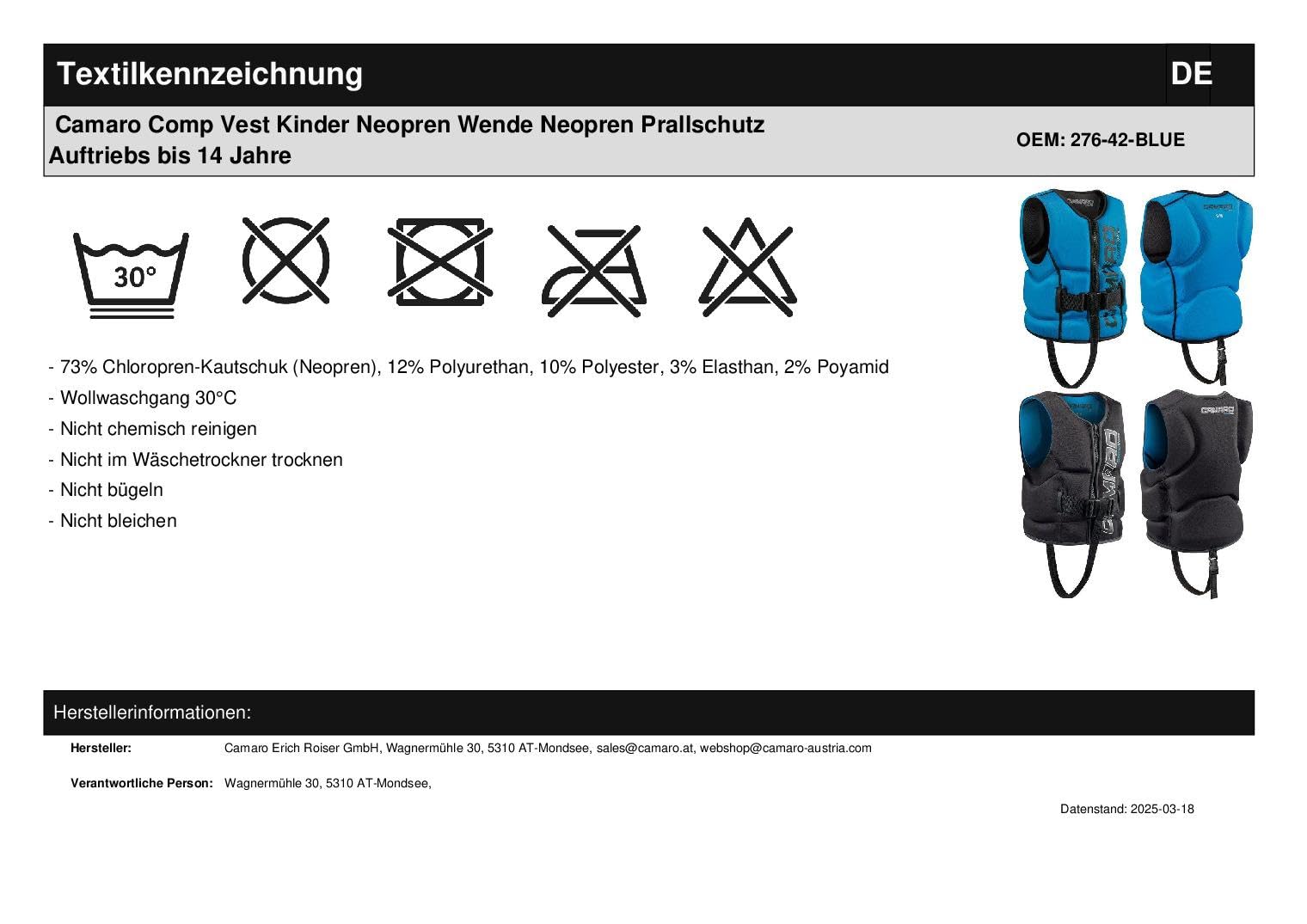 Camaro Comp Vest Kinder Neopren Wende Neopren Prallschutz Auftriebs bis 14 Jahre Black/Blue