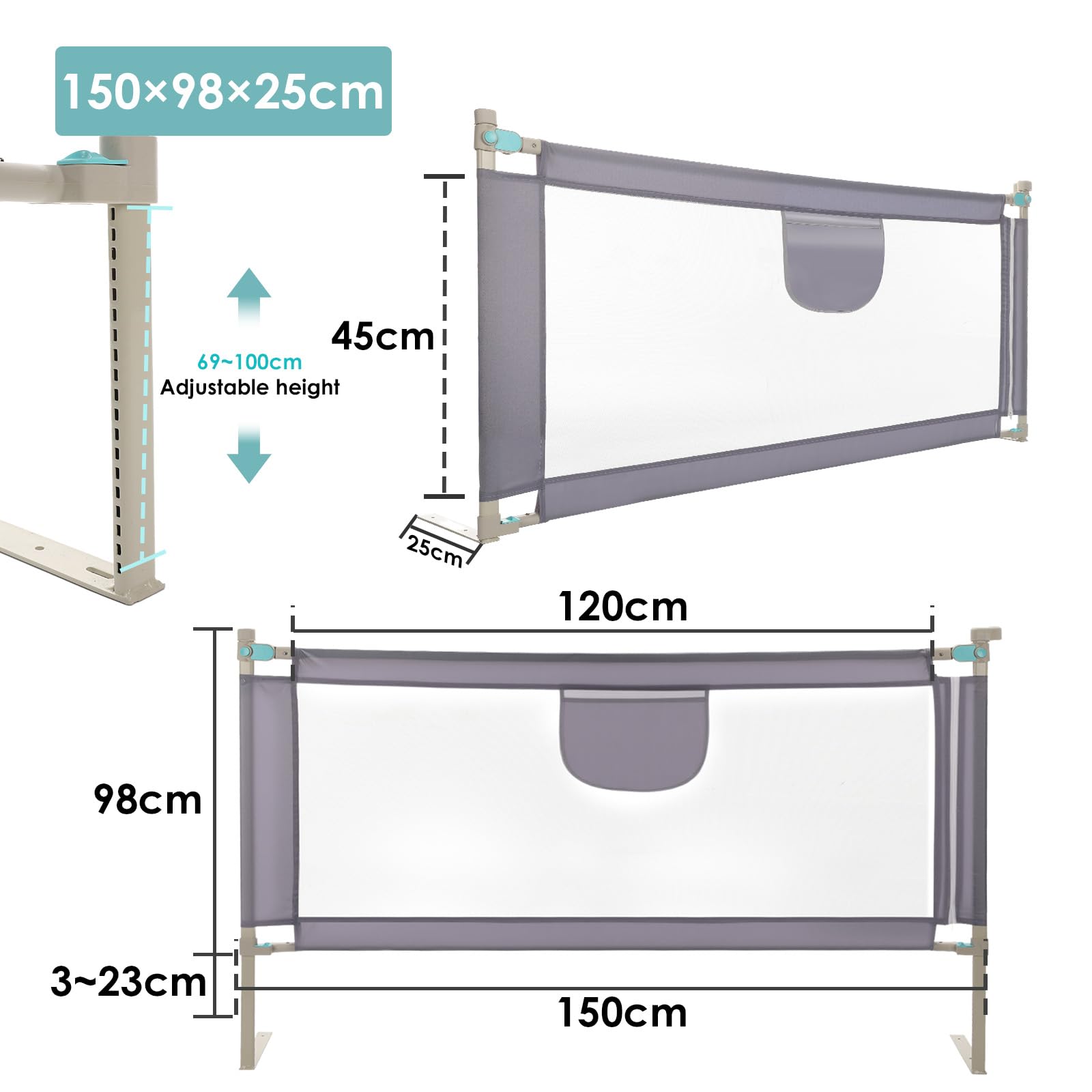 Barrera Seguridad Niños Cama, Barandilla Cama 150/180/200cm, Protección Anticaídas con Malla Transpirable, Barandilla Regulable en Altura 69-98 cm, Pasamanos con Bolsillo Lateral, Apto para Boxspring — view 3