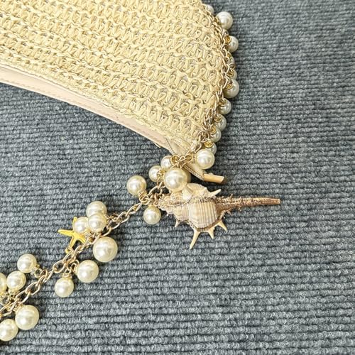 Image of Pearl Straw Clutch Purse for Women Summer Vacation Purses Beach Evening Bag Beaded Shell Handbag