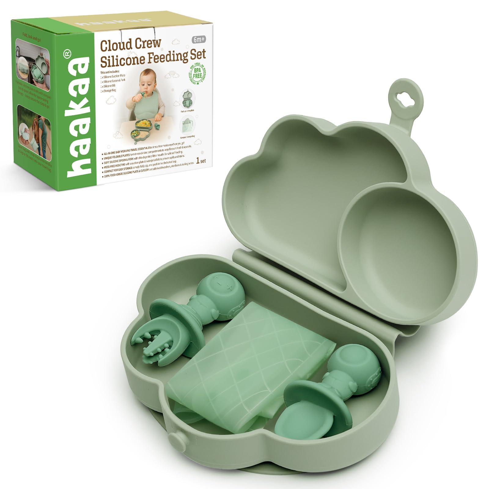 haakaa Cloud Crew Silicone Travel Baby Feeding Set with Foldable Suction Baby Plates Silicone Bibs Baby Spoons and