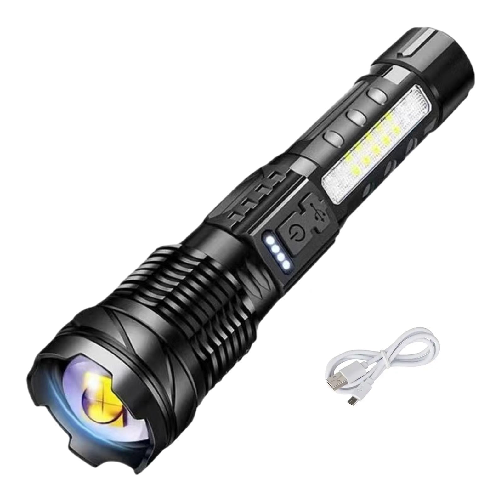 Pasisuu Super Bright Flashlight – Waterproof Outdoor Camping Light with Power Display, COB Warning Light & Zoomable Rechargeable Torch A