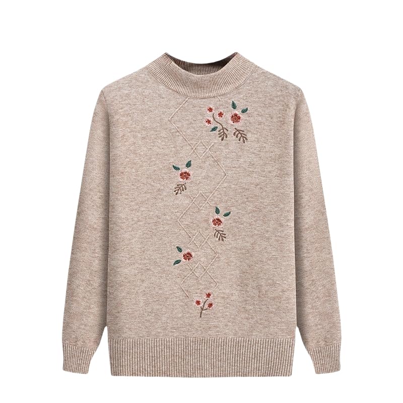 YONGHONGKEJI Jerséis De Mediana Edad Y Mayores Suéteres para Señoras Mayores Prendas De Punto Jersey Retro Elegante con Bordado Floral Tops Sudadera Suave Ropa De Abuela Camel S