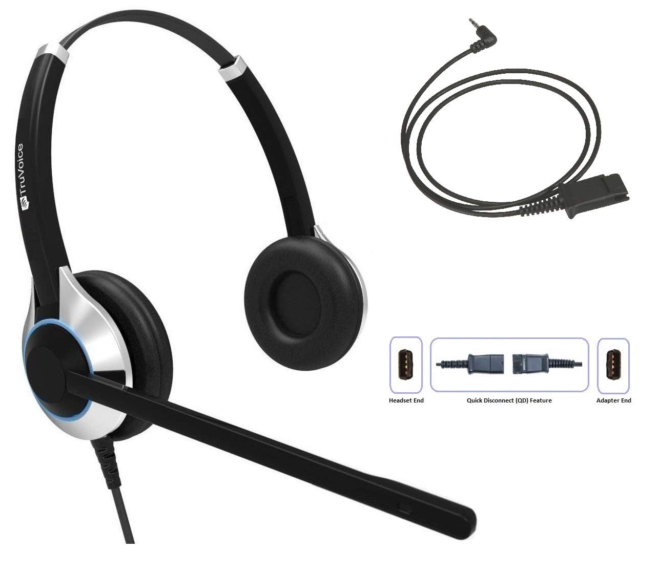 TruVoice Deluxe Double Ear Headset with Noise Canceling Microphone and a 2.5mm Adapter for Polycom IP 320, IP330, IP321, IP331, Cisco SPA, AT&T, VTech, Panasonic and All Phones with a 2.5mm Port