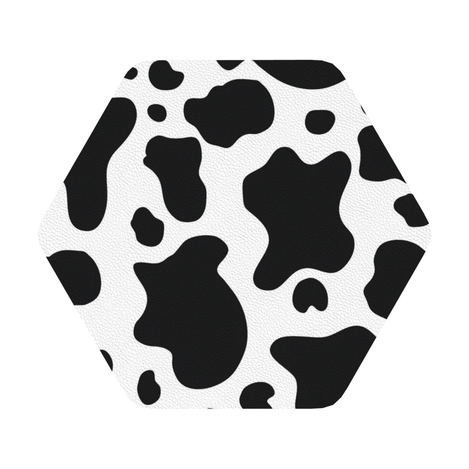 Black And White Cow PU Leather Coasters Set of 6 Hexagon Drink Coasters