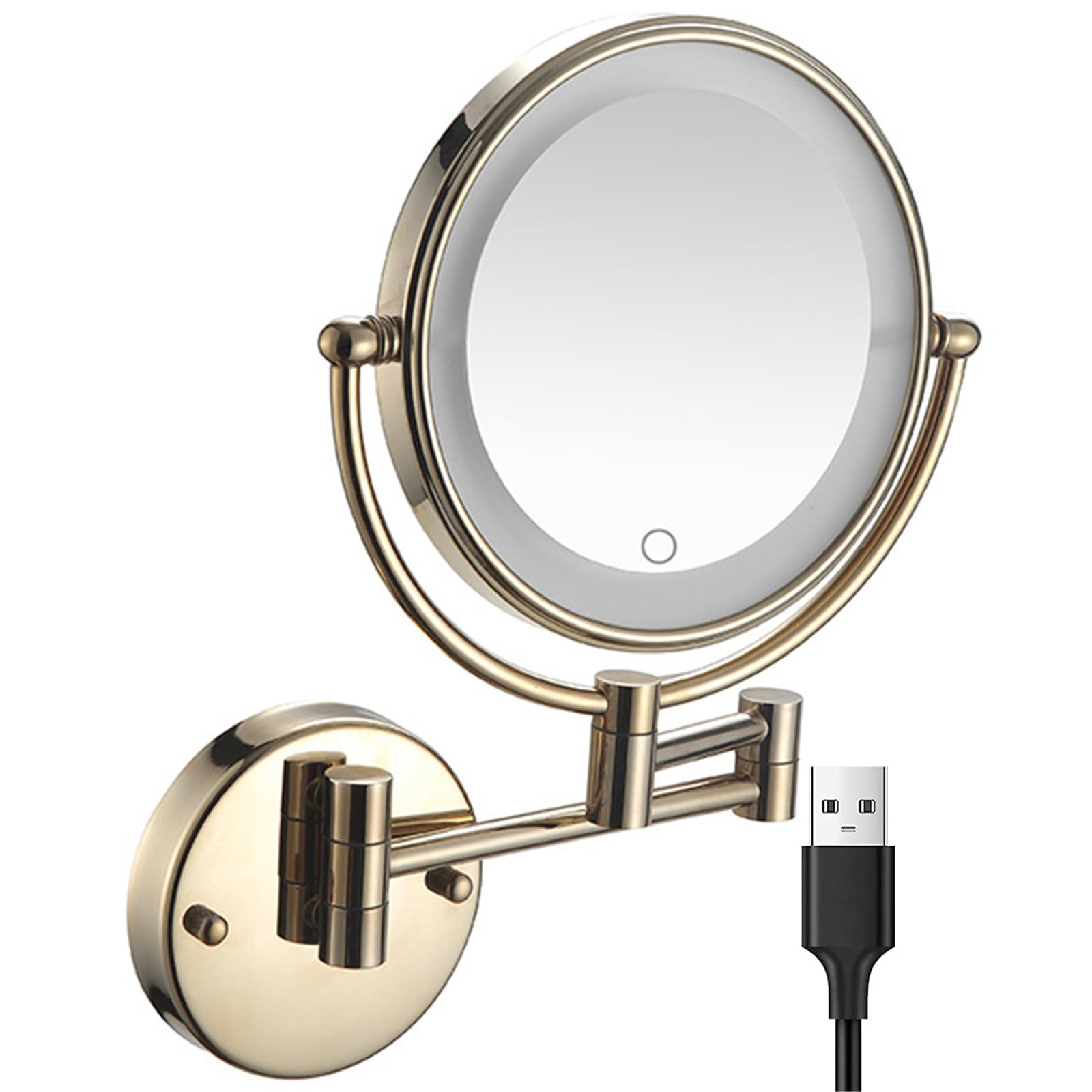 SXFSDOU 8 Inch Gold Dual-Sided Lighted Makeup Mirror - Rechargeable, Touch Screen Dimmable, 5X Magnification, Swivel Vanity for Bathroom & Hotel Use