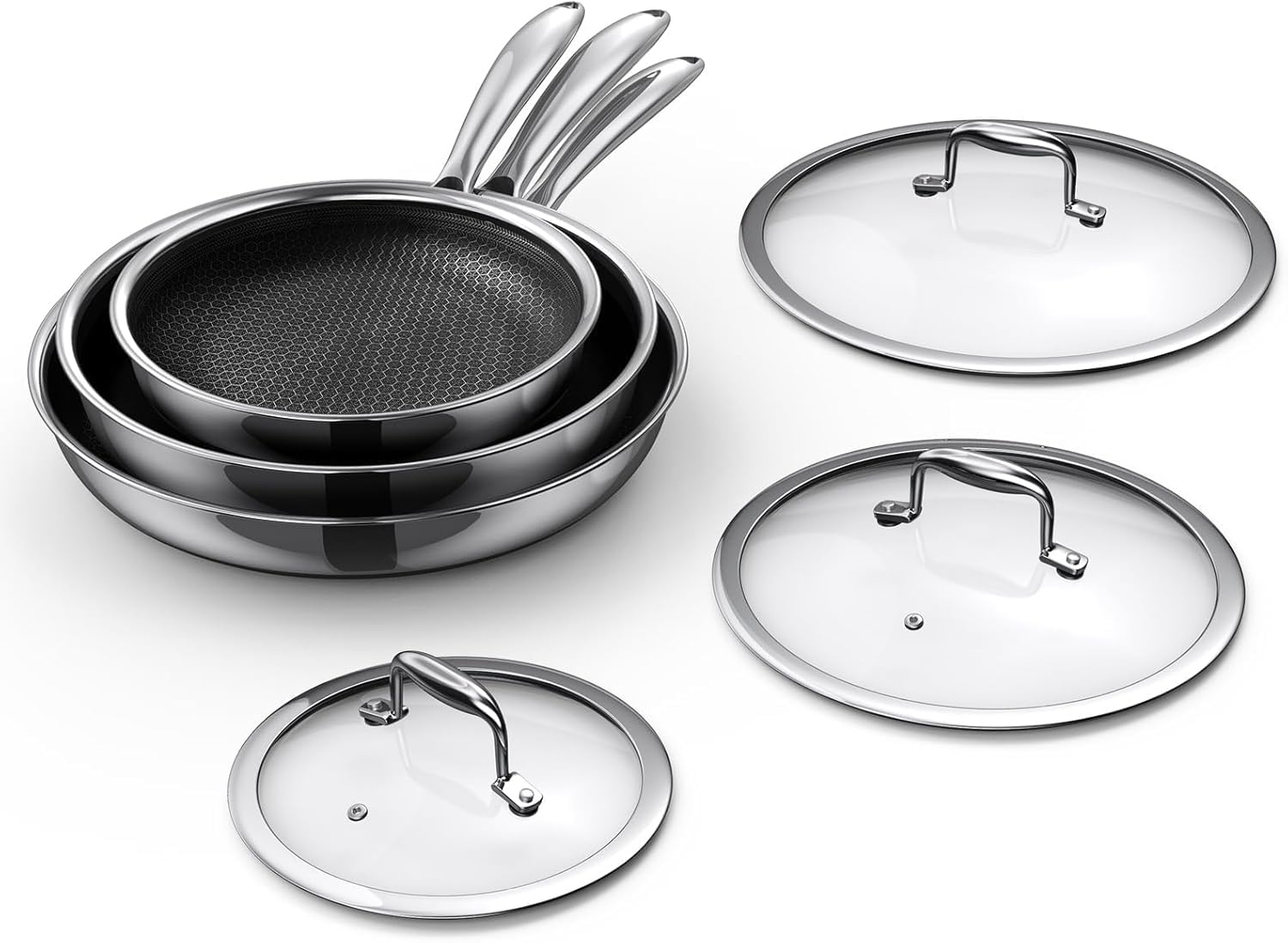 MOMOSTAR Hybrid Nonstick 6-Piece Fry Pan Set, 8, 10, and 12-Inch Pots and Pans with Tempered Glass Lids, Stay-Cool Handles, Dishwasher-Friendly, Induction Ready, Compatible with All Cooktops