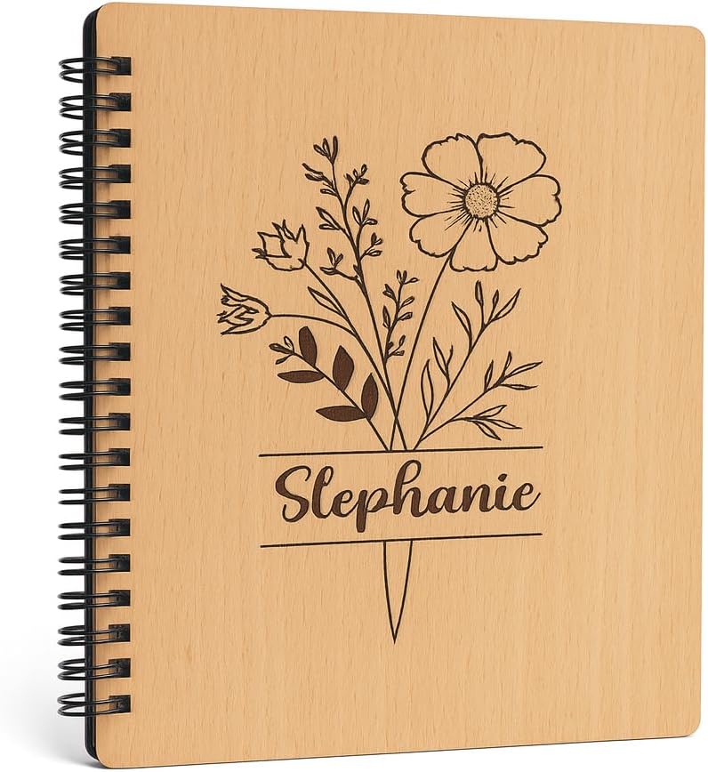 Personalized Wooden Notebook with Birth Flower – Engraved Eco-Friendly Journal – Unique Christmas Gift for Women, Friends & Coworkers – Custom Holiday Keepsake for Notes, Sketches & New Year Plans