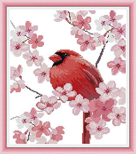 CaptainCrafts Hot New Stamped Cross Stitch Kits Preprinted Pattern and Counted White Fabric Embroidery Needlepoint Adults Kits for Home Decor Crafts Kit Peach Blossom Red Bird (Stamped 11CT)