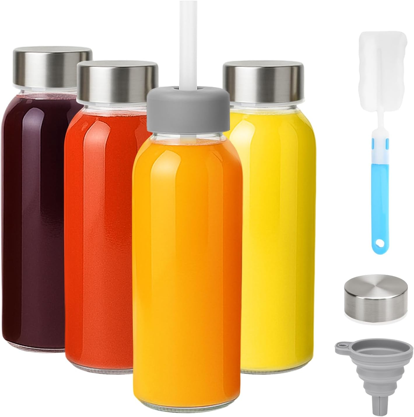 Zukro Glass Juice Bottles 10.5 oz, 4 Pack Reusable Small Clear Water Container With Stainless Steel Lids & Straw for Juicing, Smoothie, Travel, Homemade Drinks, Fridge, Leak Proof & BPA Free