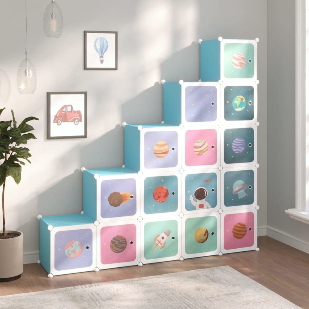 vidaXL Kinderschrank Modular mit 15 Würfeln, Regalsystem mit viel Stauraum, Würfelregal mit Stahlrahmen, Kinderregal Regal Aufbewahrungsschrank, Blau PP
