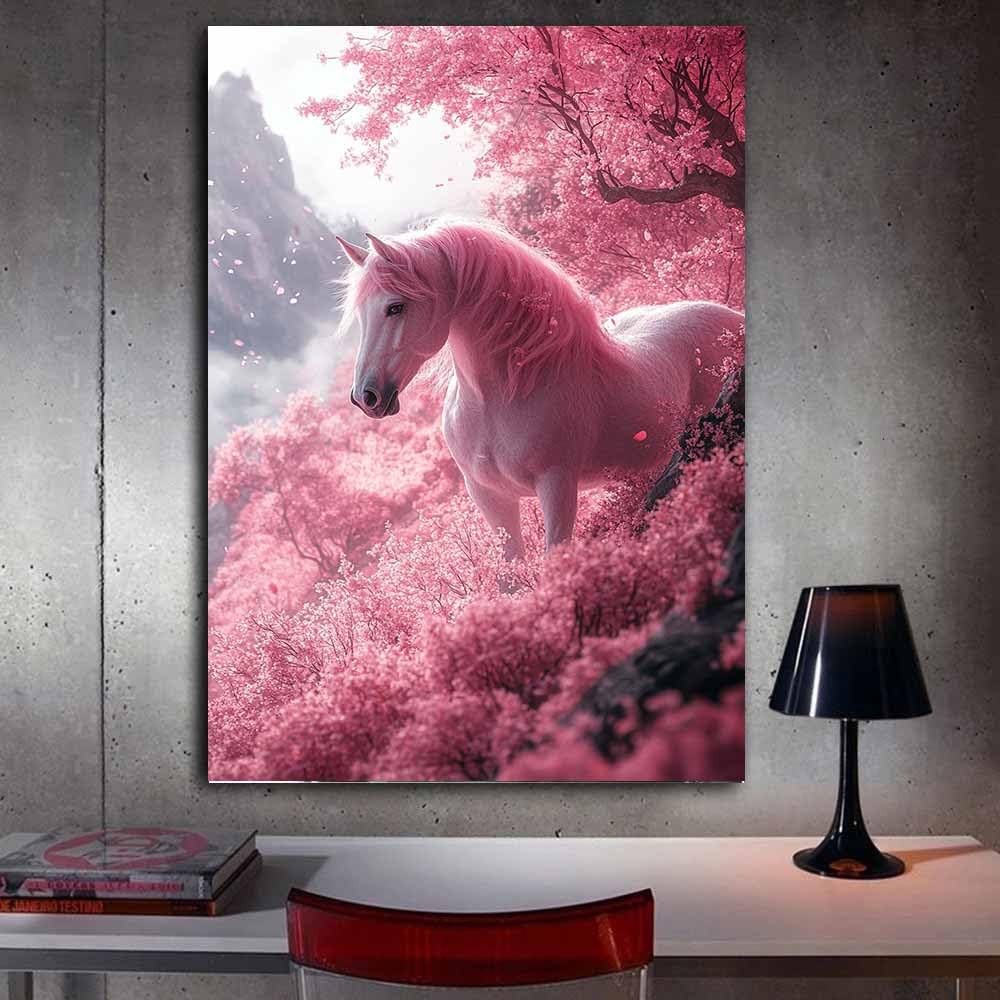 AMXBZC Abstrakcyjne zwierzę Wall Art Pictures Natural Horse Landscape Modern Wall Art Poster for Living Room Home Decor Bathroom Pictures(Pink-60x90cm Framed