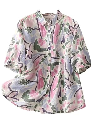 Gufrina Women’s Casual Button-Down Shirt with Multicolor Floral Print & Half Sleeves, Collar Neck (TOP-112, M, Pink)