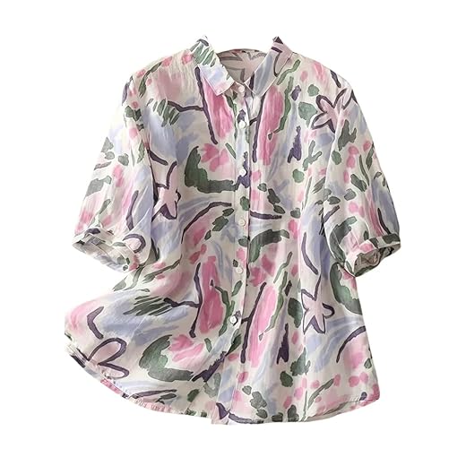 Gufrina Women’s Casual Button-Down Shirt with Multicolor Floral Print & Half Sleeves, Collar Neck