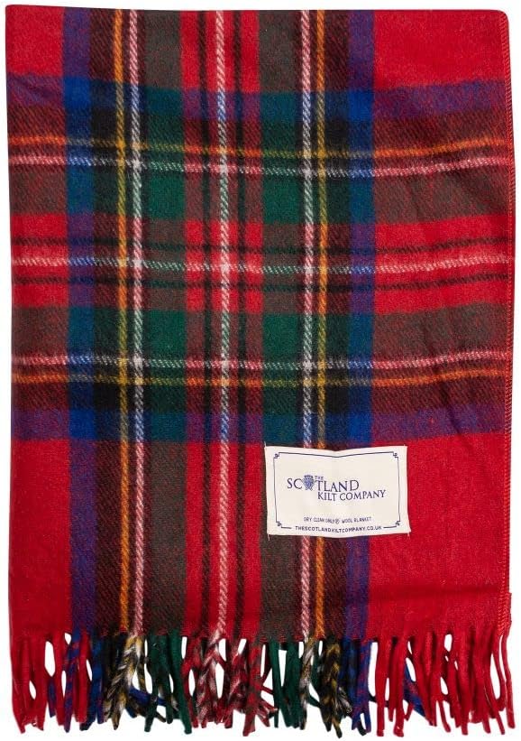 The Scotland Kilt Company Recycled Wool Tartan Lap Blanket in Royal Stewart - Fringed Edges, Soft, Machine Washable - One Size 73.5 x 177cm