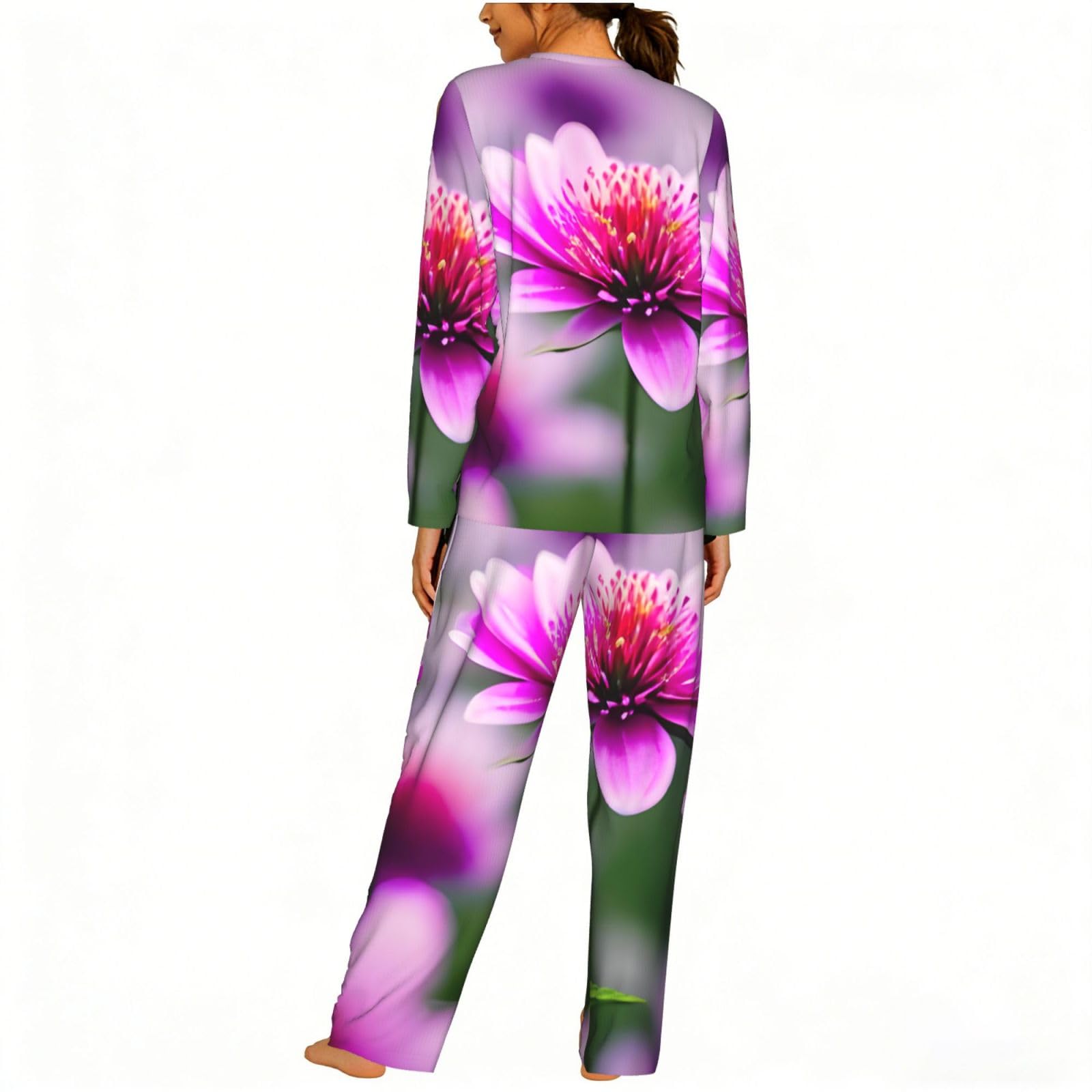 Rosa Fiore Viola Farfalla 1 Stampa Donne Manica Lunga Pigiama Corrispondente Morbido Spiaggia Vacanze Nightwear Regalo Casual