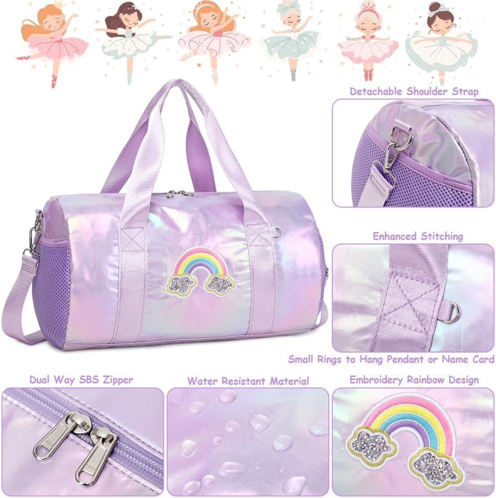 Dance Bag for Girls Dancers Ballet Bag Shiny Rainbow Sports Duffle Bag for Girls Ballerina Gym Duffle with Waterproof Dry Wet Separated Compartment