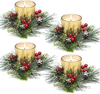 Christmas Candle Ring, Red Berry and Pinecone Xmas Candle Ring Wreath with Candle Holders for Table Party 4 Pieces