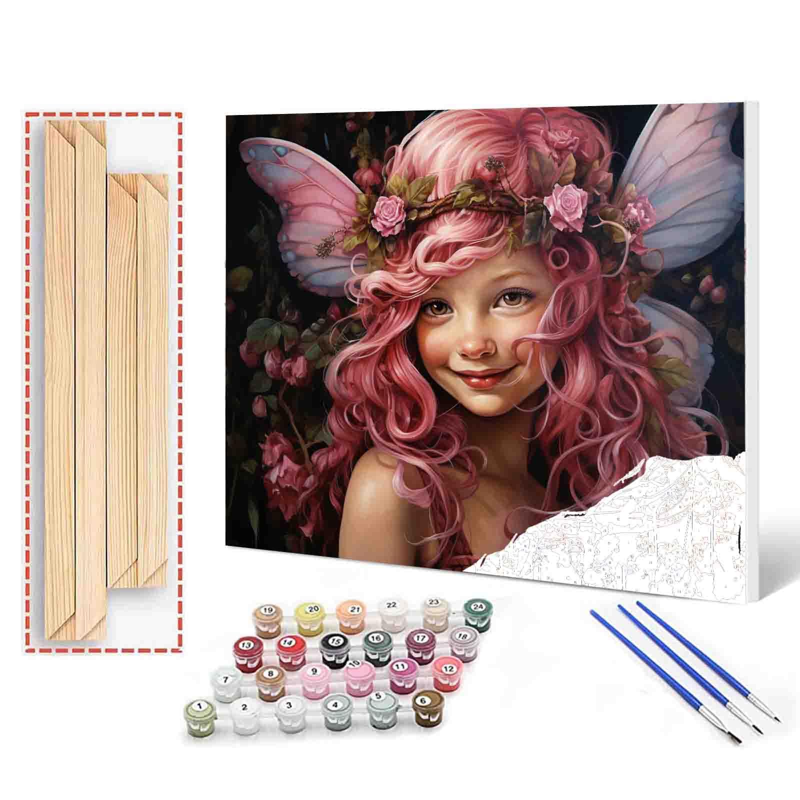 Angel Girl DIY Paint by Numbers for Adults Pink Rose Wreath DIY Digital Oil Painting Acrylic Paint Cute Girl Painting Kits Canvas Wall Art Gift Bedroom Decor Room Decor 16x20 Inch （DIY Frame ）