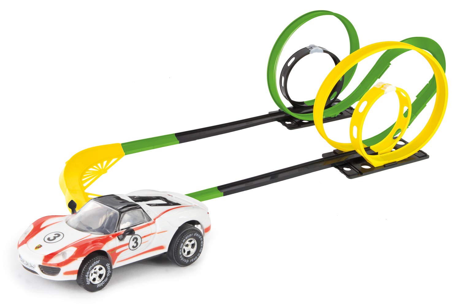 Darda - 50255 Rennbahn Set Mission 4 Loops, Autorennbahn Autos, Rennstrecke ca. 6,90 Meter, Bahn mit 4 Loopings, 1 Steilkurve und 1 Rennwagen, Rennauto Spielset für Kinder ab 5 Jahre