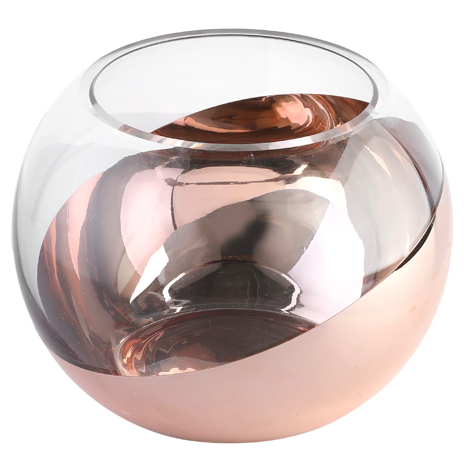 MyGift Modern Clear Round Glass Vase with Metallic Copper Bottom Accent, Small Decorative Wedding Centerpiece Vase