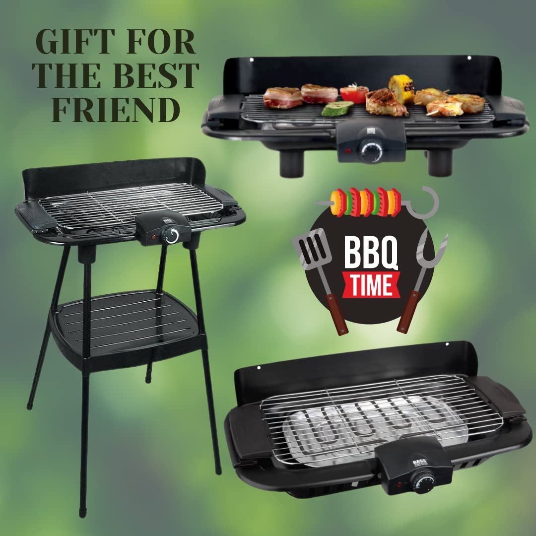 BASS, 2-in-1 Grill Elettrico, Free-standing E Come Dispositivo Da Tavolo, Grill Da Tavolo - BBQ Per Interni Ed Esterni - Rivestimento Antiaderente E Vassoio Raccogli Grasso, 46 x 23 cm