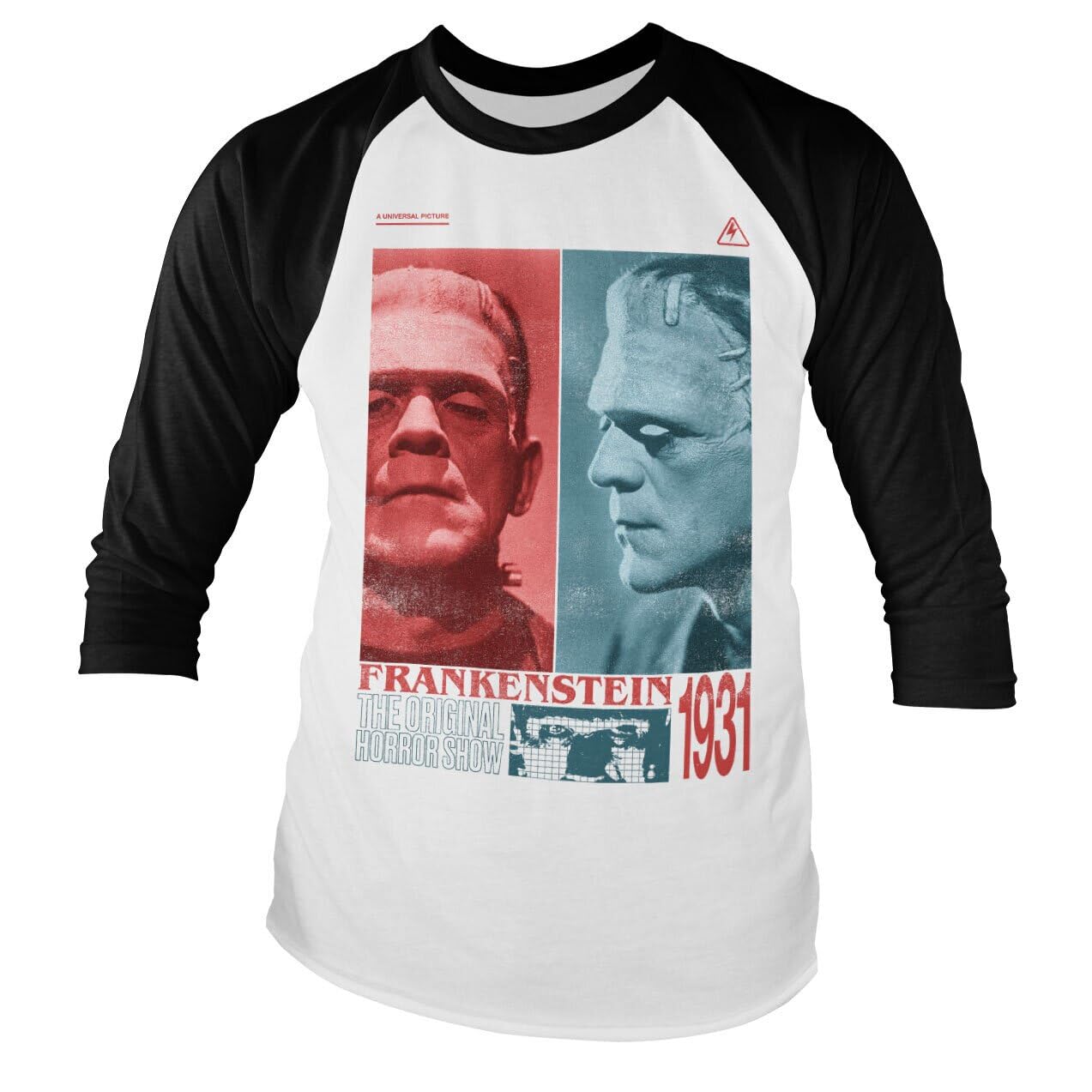 Universal Monsters Officially Licensed Frankenstein - Horror Show Baseball Long Sleeve T-Shirt (White-Black), X-Large