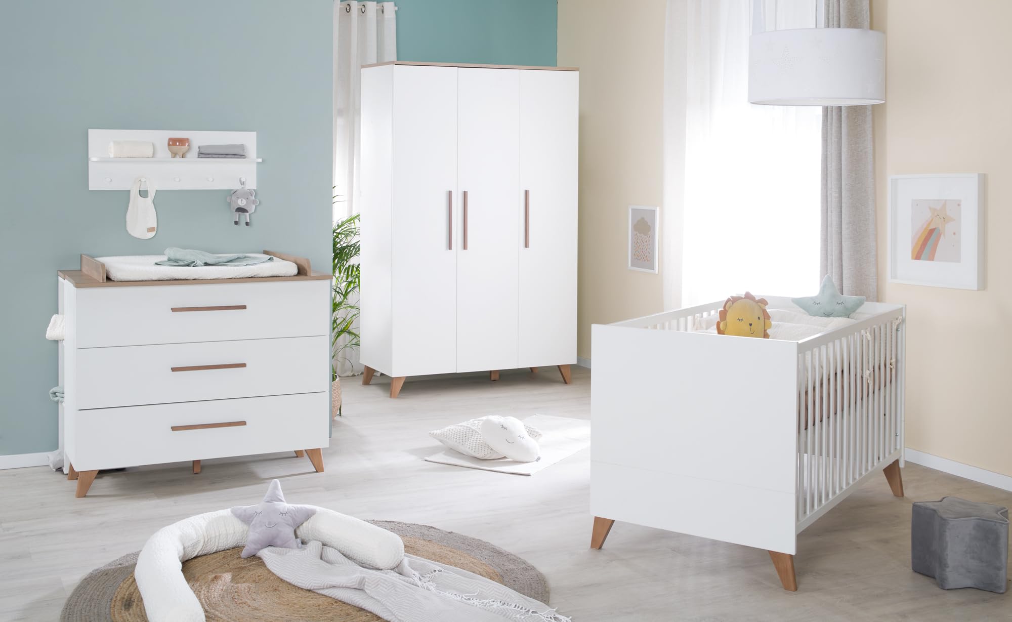 roba Set per cameretta bambini 3 pezzi Lettino 70x140 cm convertibile fasciatoio 3 cassetti armadio bambini Maniglie piedi legno massello Bianco rovere scuro