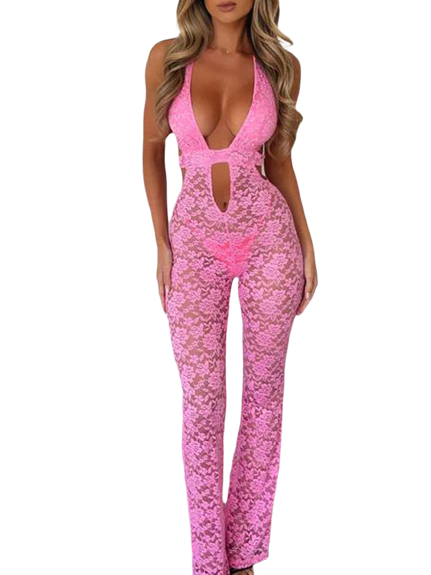 Acrawnni Women Y2K Lace Jumpsuits Sexy Sleeveless See Through Mesh Hollow Out Long Pants Bodycon Playsuits Rompers Clubwear (B-Pink, M)