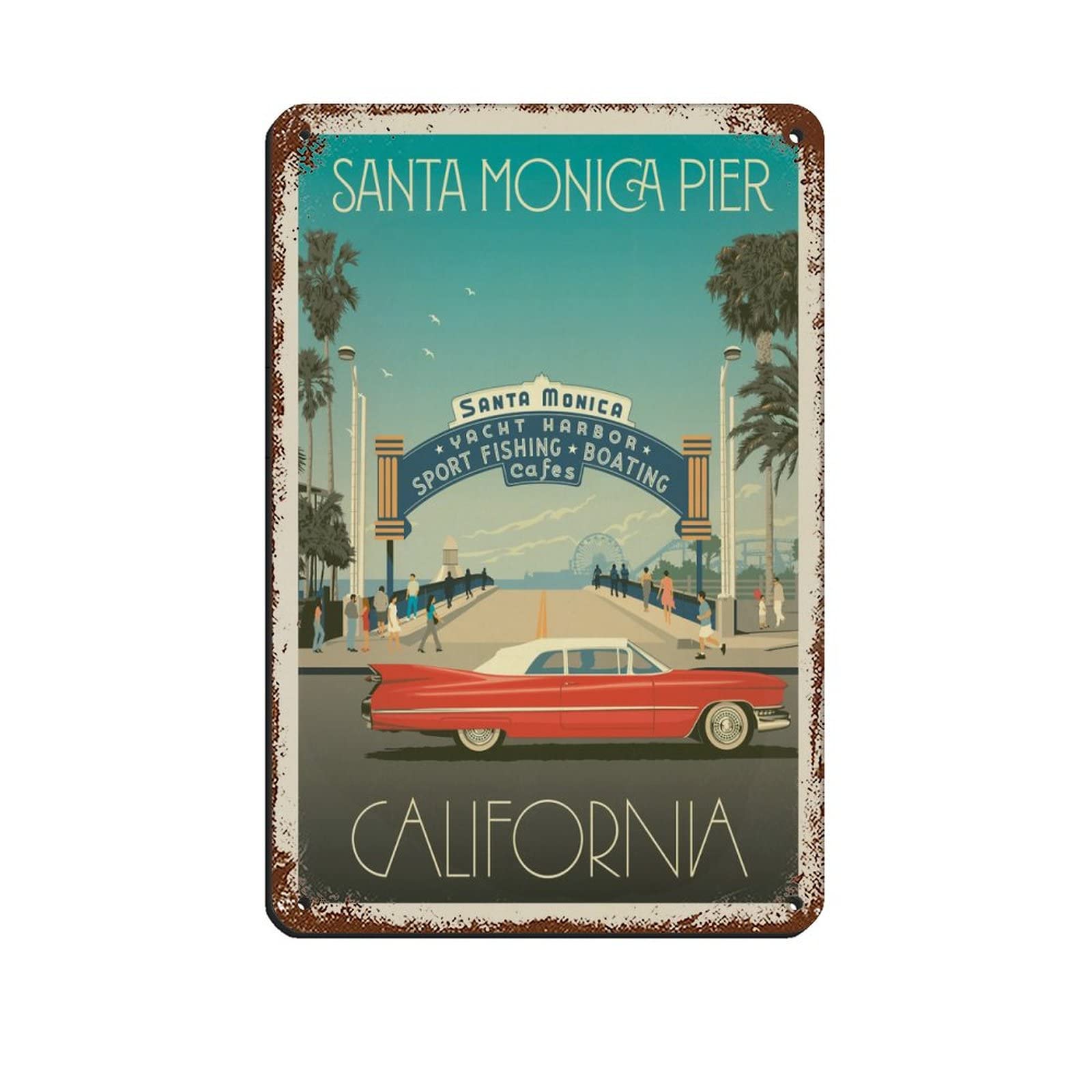 Azolid Vintage Metal Tin Signs Santa Monica Pier Travel Tin Signs Metal Poster Wall Decor Office Cafe Bathroom Badroom 30X20cm