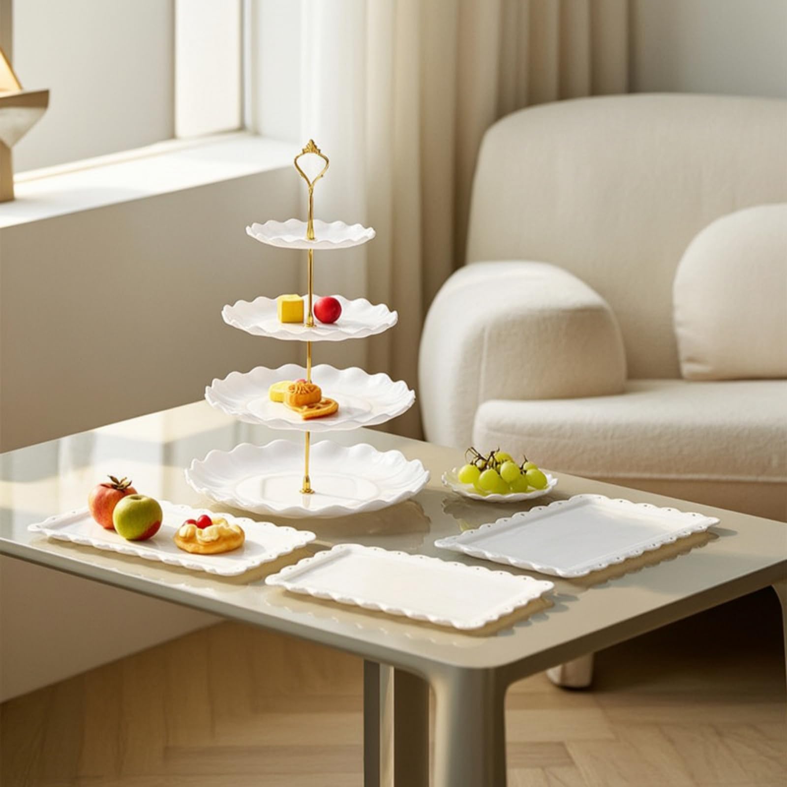 Colcolo Soporte para Postres Expositor Bandeja Platos Kit de 5 Piezas con Expositor Ondulado de 3 Niveles y 3 Bandejas , Rosa , Ondulado Poste Dorado Con Cabeza De Flor Juego De Cinco Piezas