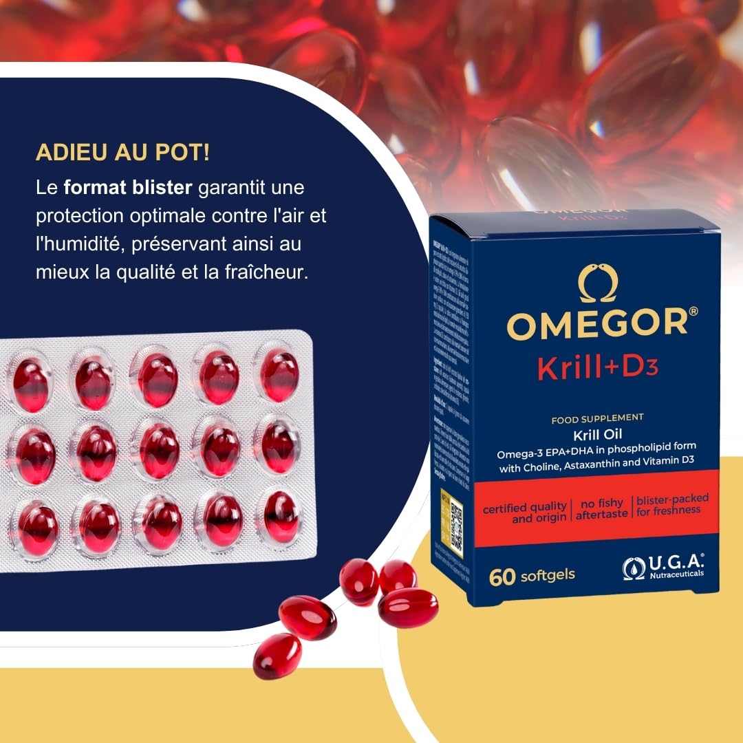 Omégor Krill D3 - Supplément alimentaire à l'huile de krill - Formule oméga 3 super concentrée - vitamine D3 et vitamine E - Pour dents et os - avec choline précieuse pour votre cerveau - 60 gélules