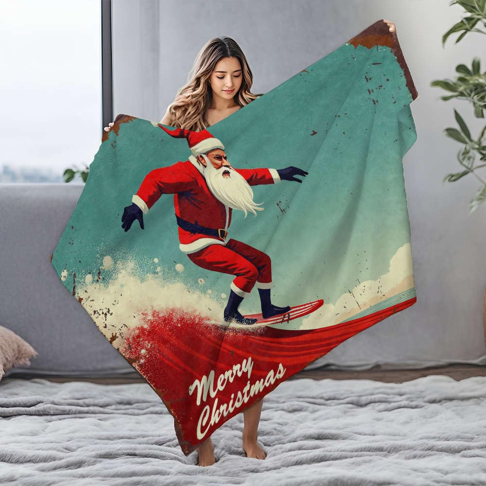 Couverture pour lit Surf Père Noël - Plaid en flanelle bleue Wishes Mignonne 125 x 150 cm