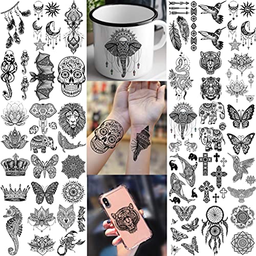 Shegazzi 58 Sheets Black Lace Temporary Tattoos For Women Girls, Large Lotus Mandala Flower Snake Elephant Butterfly Fake Tattoos Adults Kit, Indian Tribal Skull Tattoos Arm Sleeve Neck Tatoos Wedding #TOP4