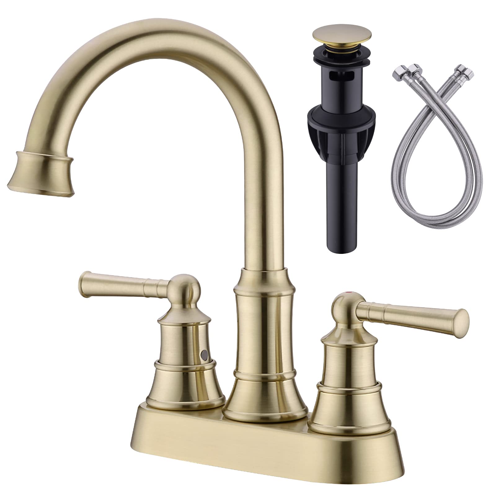 4 Inch Centerset Bathroom Faucet Brushed Gold with Overflow Sink Drain and cUPC Water Supply Lines 2 Handle