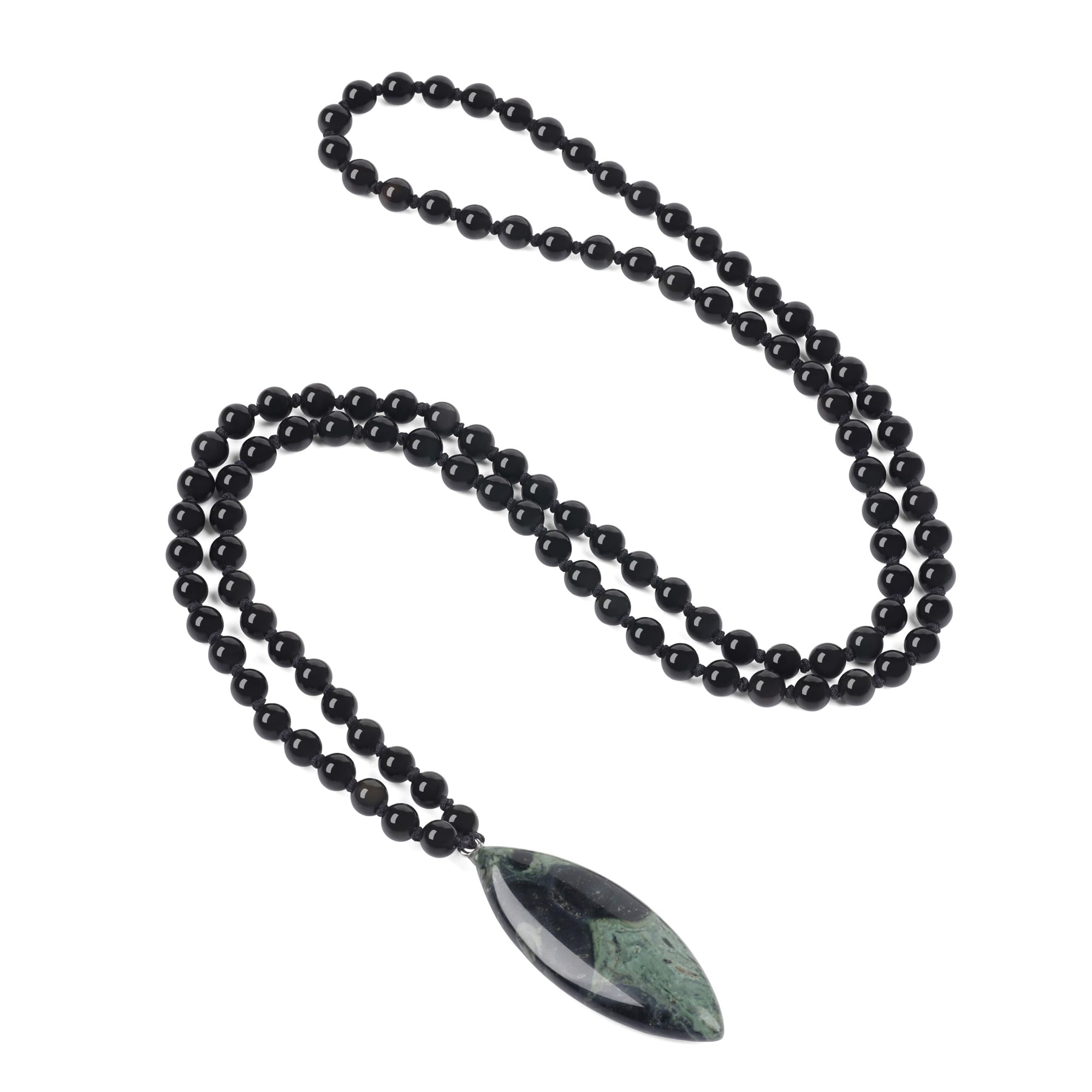 COAI Collar Mala 108 Cuentas de Piedras Naturales Anudadas a Mano con Colgante de Hoja Unisex