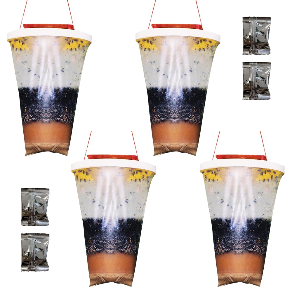 4 Pieces Hanging Fly Trap Bags, Fly Trap Outdoor Hanging Fly Catcher with Fly Bait Hanging Fly Killer Bag For Pest Control Disposable Ranch Fly Trap Catcher Bag Fly Catcher Trap for Outdoor Garden