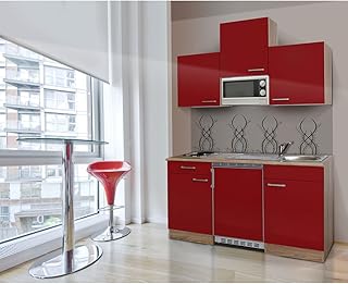 respekta Single Mini kuchnia aneks kuchenny blok kuchenny 150 cm dąb cięty surowo czerwony APL dąb cięty surowo imitacja mikrofalówka Ceran KB150ESRMIC